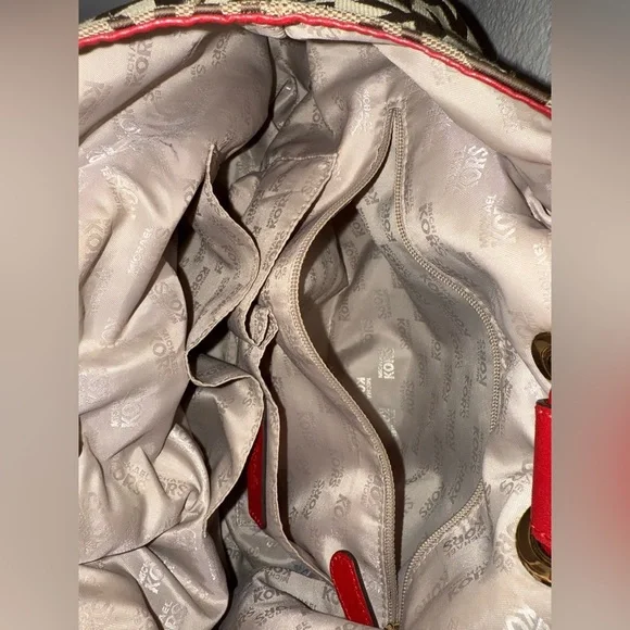 Michael Kors MK Logo Canvas Tote Bag Brown Red Leather Handles Tassel Purse - Picture 14 of 17